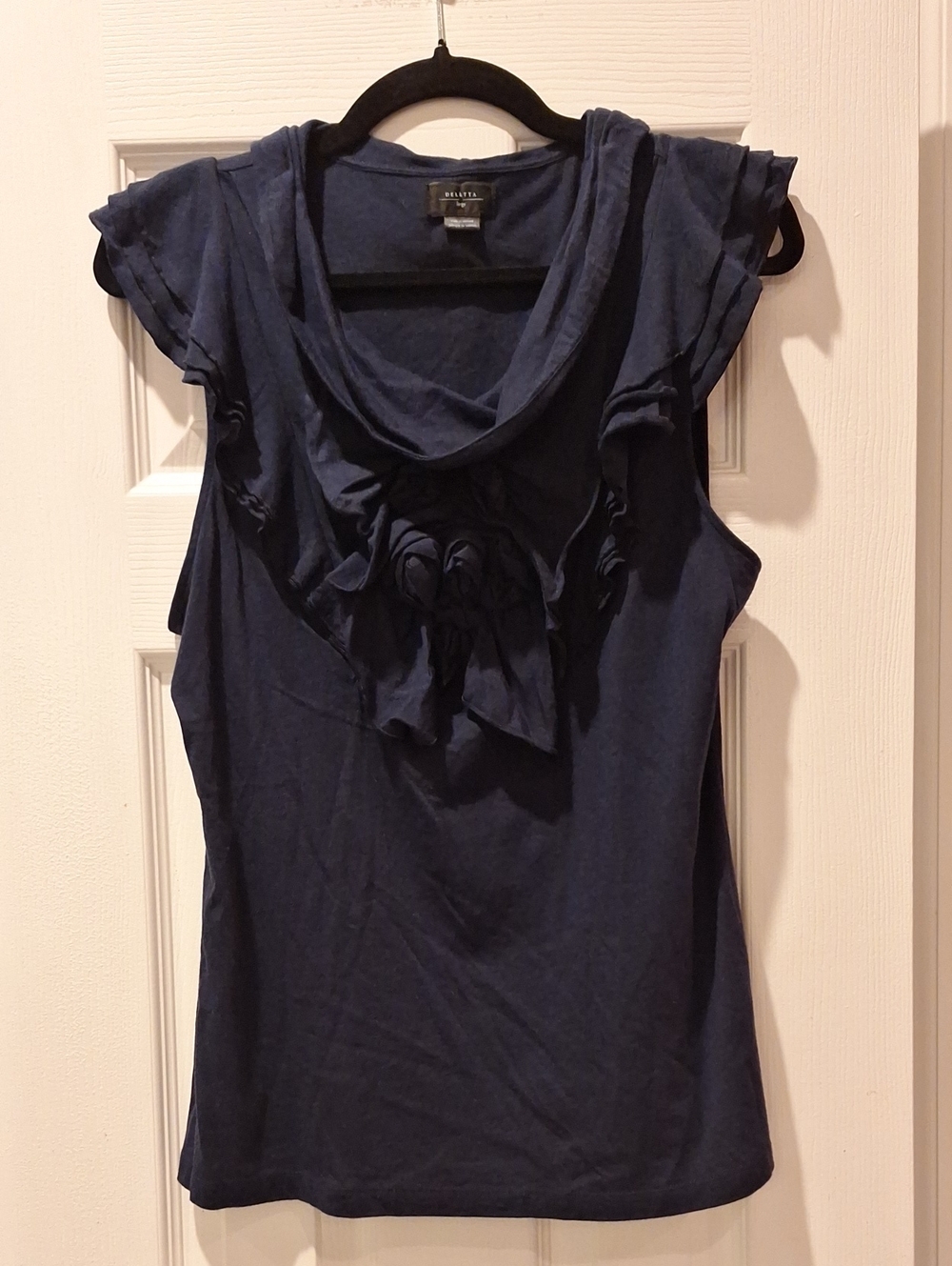 Deletta Anthropologie - Navy Sleeveless Ruffle-Front Knit Top - Large